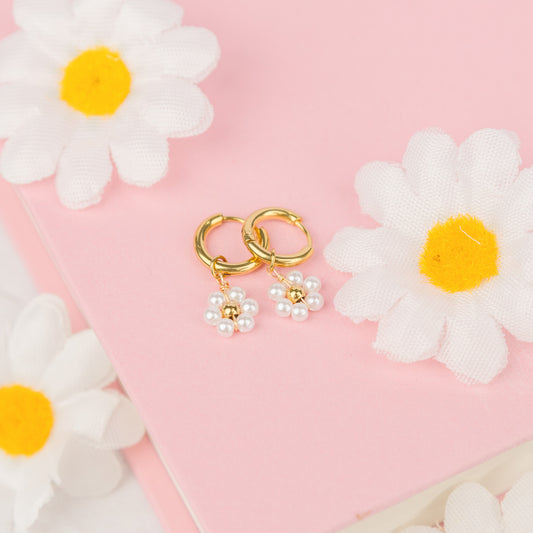 Pearl Daisy Huggies | Hoop Earrings